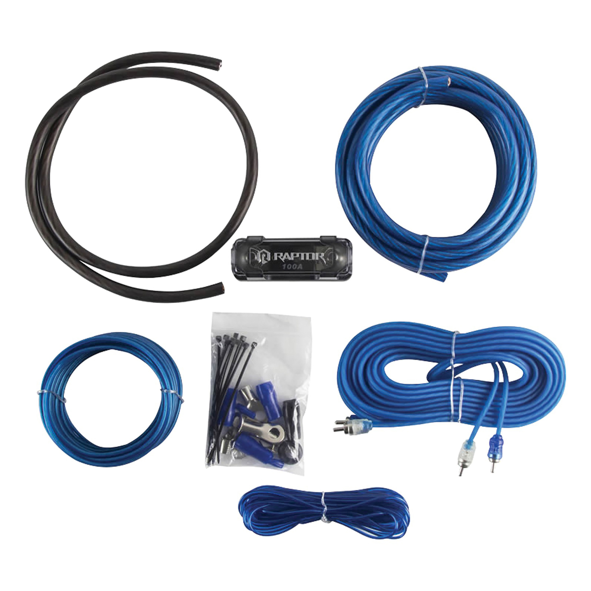 Raptor Bulk Series R2 Amp Installation Kit — 4-Gauge, 1100 Watts, 17ft. Power Wire, 3ft. Ground Wire, 17ft. RCA Stereo Cable, 100-Amp Fuse, Model# MECR2AK4
